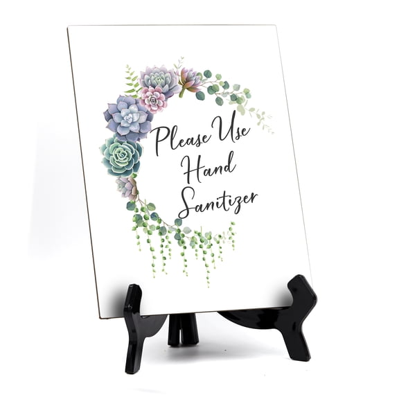 Please Use Hand San Table Sign with Easel, Floral Crescent Design (6 x 8")