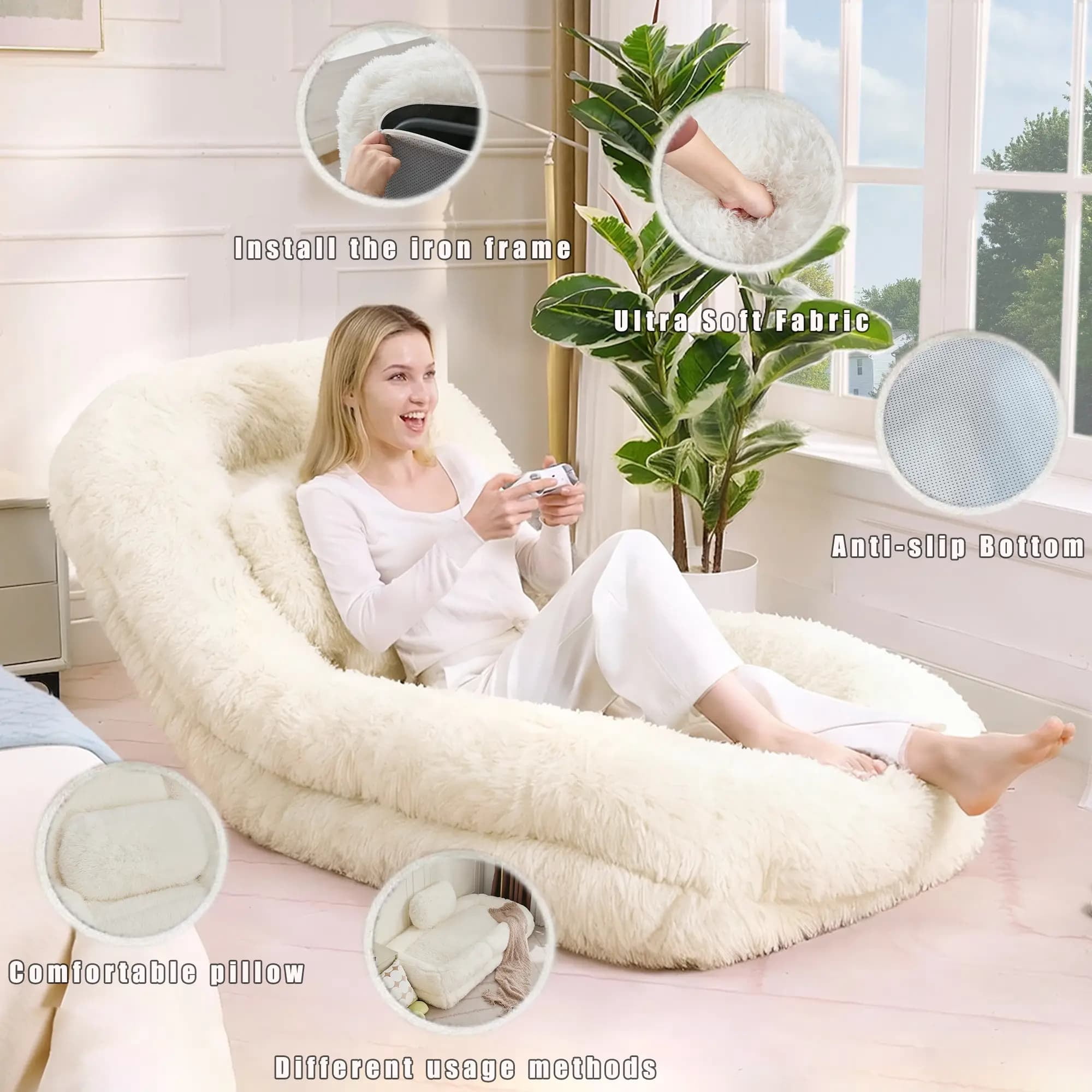 Aukfa Fold Lazy Sofa Bed, Floor Chair Small Couch with 5 Adjustable for Living Room, Plush Fabric,Beige