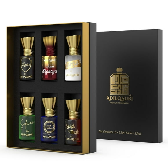 Adilqadri Assorted Luxury Attar Perfume Gift Set For Men & Women Pack Of 6 X 5.5ml - 0.18 Fl.oz. Each | Leader+ Shanaya+ White Oudh+ Safwan+ Oudh Al Hashmi+ Lavish Musk Attar - Perfect Gift Combo Set