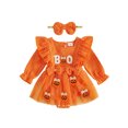 thumbnail image 2 of 2 Pcs Infant Girl Halloween Outfit Ruffle Long Sleeve Neck Pumpkin/Ghost Embroidery Romper Dress and Headband Set, 2 of 10