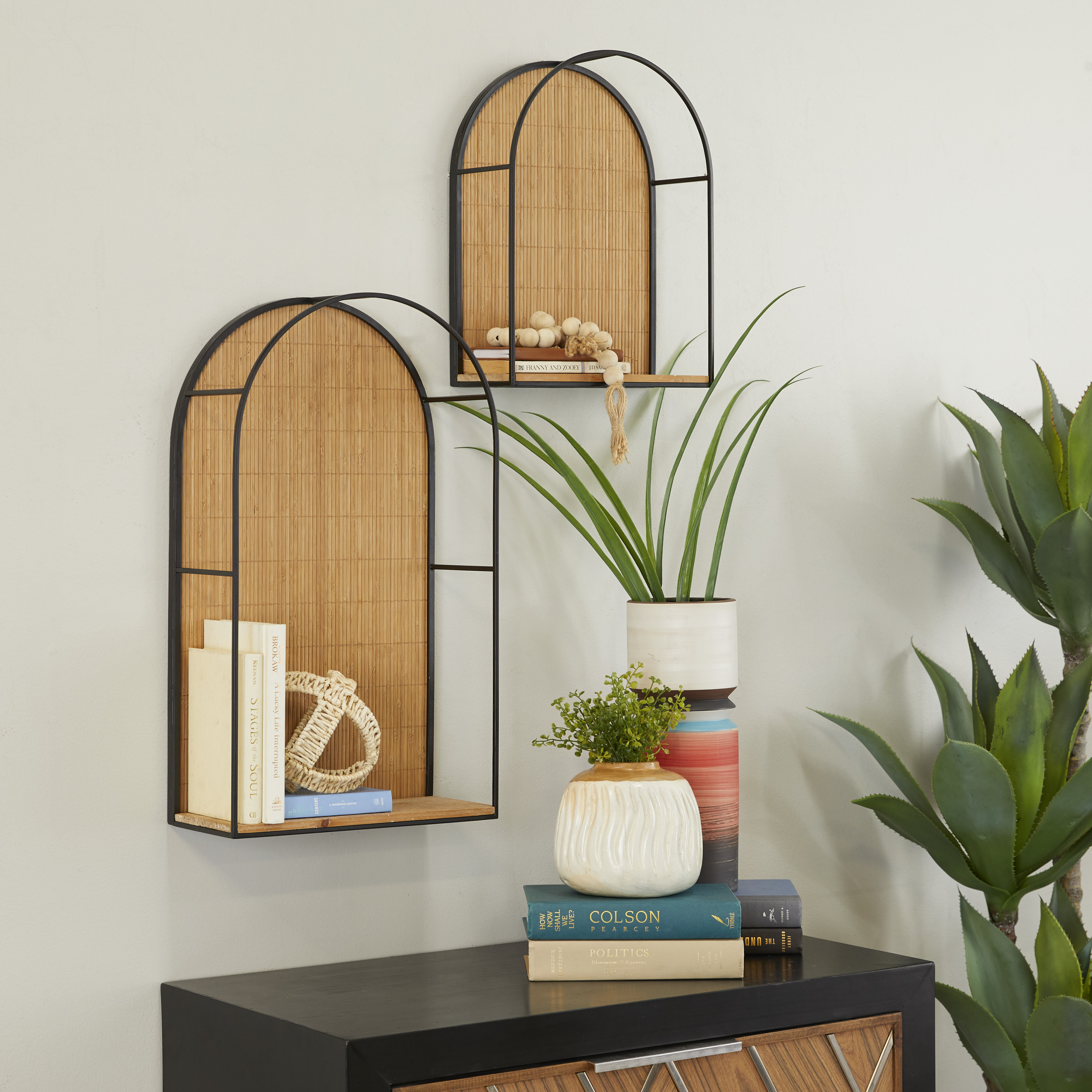DecMode 14", 12"W Arched 2-Tier Brown Geometric Wall Shelf (2 Count)