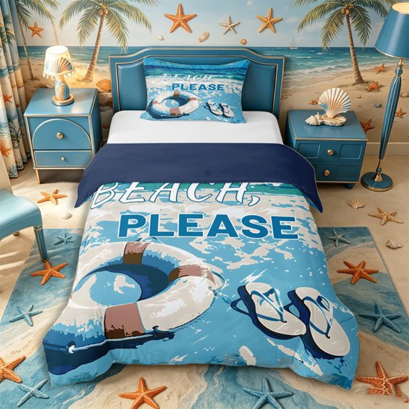 Castle Fairy Retro Flat Beach Quote Design Twin Duvet Cover,Swim Ring Flip Flop Shore Print Twin Bedding,Cyan Cream,Navy Blue Reversible,2pcs,No Comforter,1 Duvet Cover and 1 Pillowcase