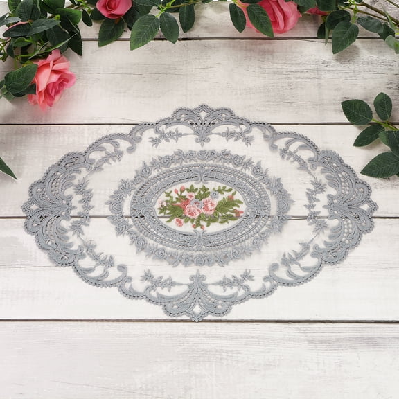 3 Pcs Lace Placemats, 16.5x6.5Inches Vintage Table Doilies Oval Embroidered Crochet Lace Dolly Cup Mat for Table Vase Home Decor, Blue-grey