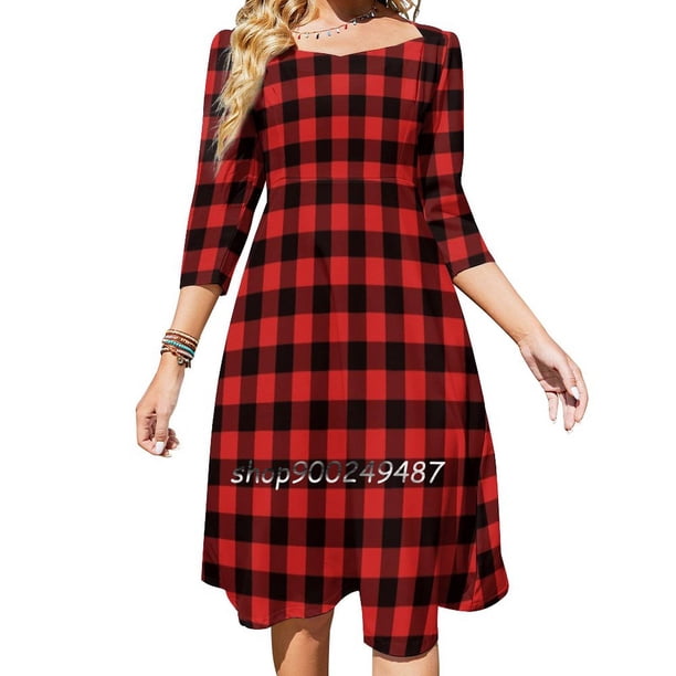 Vestido elegante dulce a cuadros rojos y negros con cuadros estilo búfalo para mujer, vestido coreano kawaii con cuello cuadrado, cuadros estilo búfalo