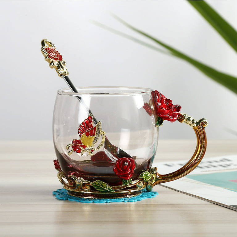 Glass Coffee Mugs with Spoon Enamel Butterfly Rose Flower Tea Cups with  Decorative Handle Tea Sets for Women Gift 