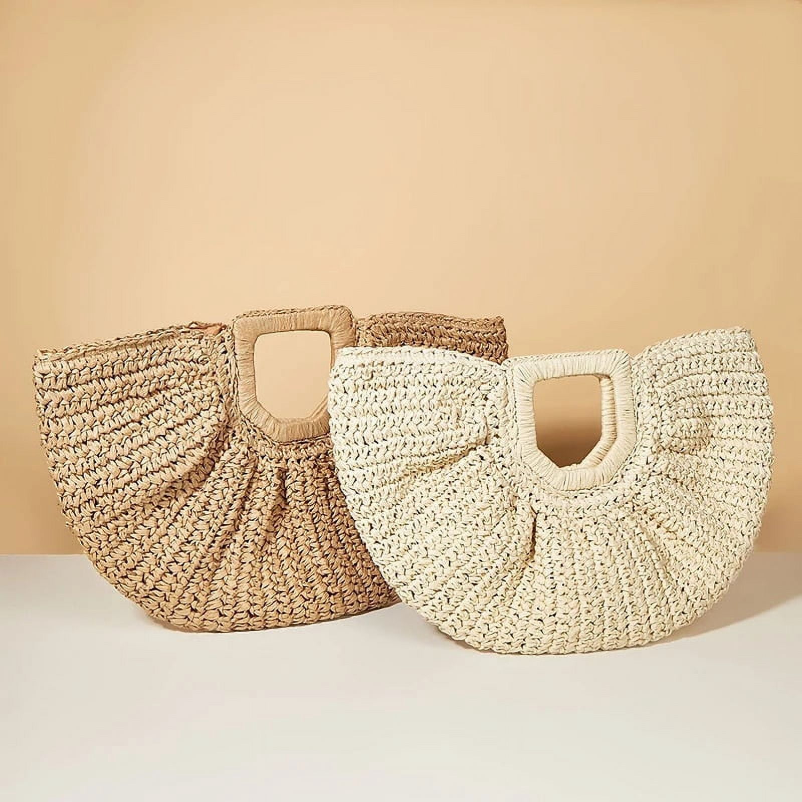 HLSOHJP Summer Woven Straw Bag Moon Large Capacity Purse and Handbag For Women Beach Basket Bags Fashion Travel Shoulder Shopper Totes
