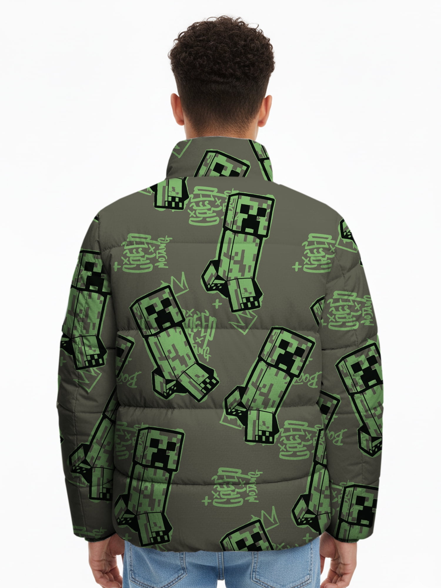Minecraft Little and Big Boys Creeper Zip Puffer Jacket, Lightweight, Sizes 4-16