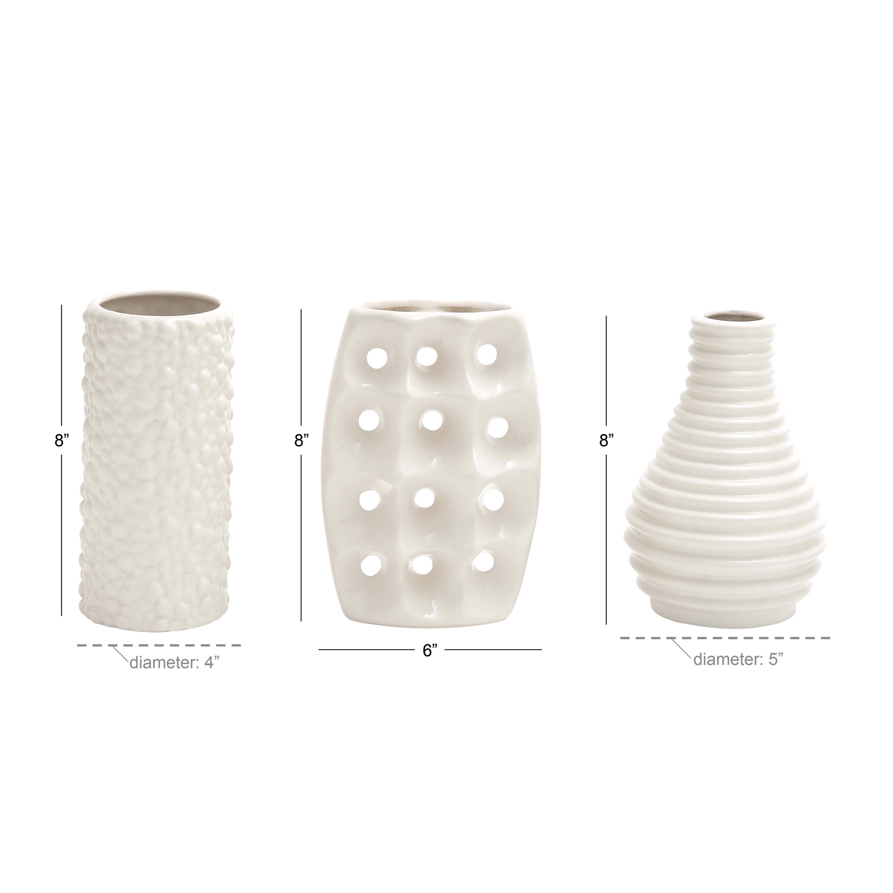 CosmoLiving by Cosmopolitan 5"W, 8"H White Ceramic Vase with Varying Patterns, Set of 3