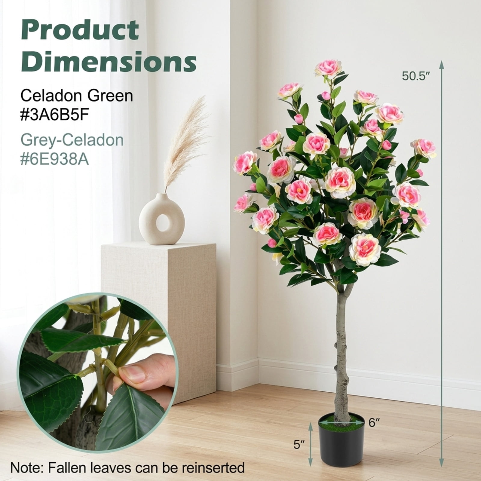 Vebreda Artificial Plant Decor, Artificial Camellia Tree with 27 Blossoms in Cement Pot for Home, Realistic Floral Details, Built to Last
