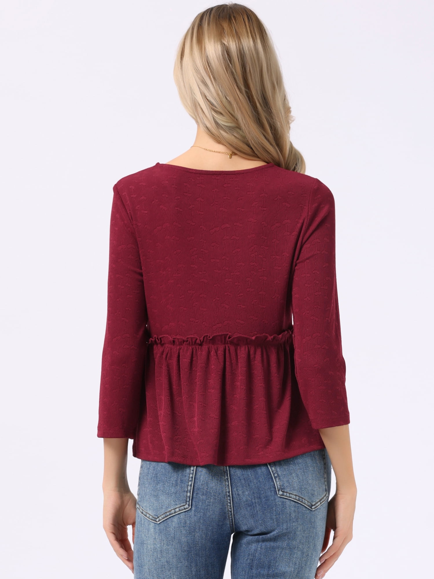 DARING DIVA Women's Peplum Crew Neck 3/4 Sleeve Ruffle Pullover Blouses S Burgundy