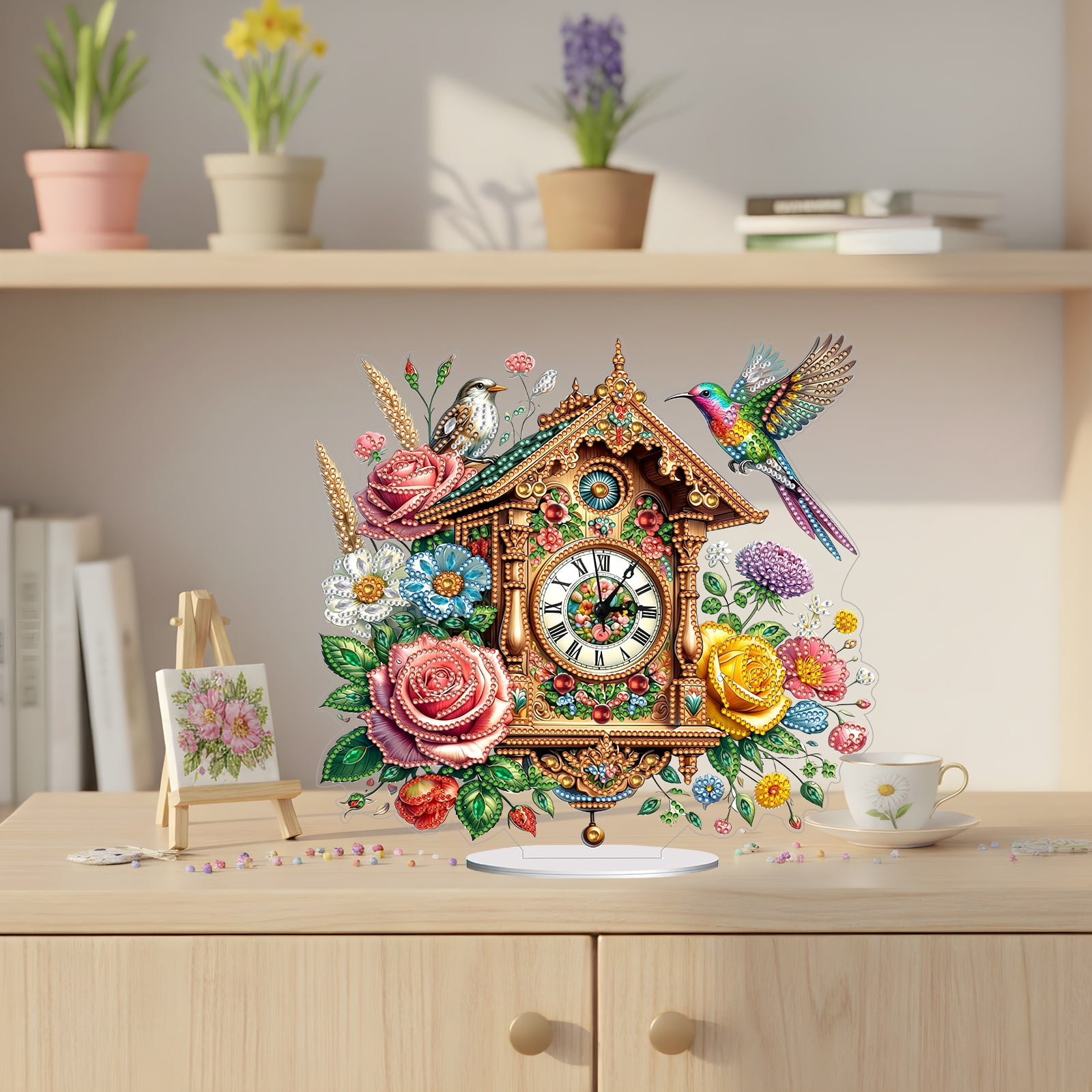 FLOPESN DIY Diamond Art Painting Desk Decor, 11.61*10.75 inch, Clock with Vintage Flowers and Birds Theme, Creative PET Table Ornament