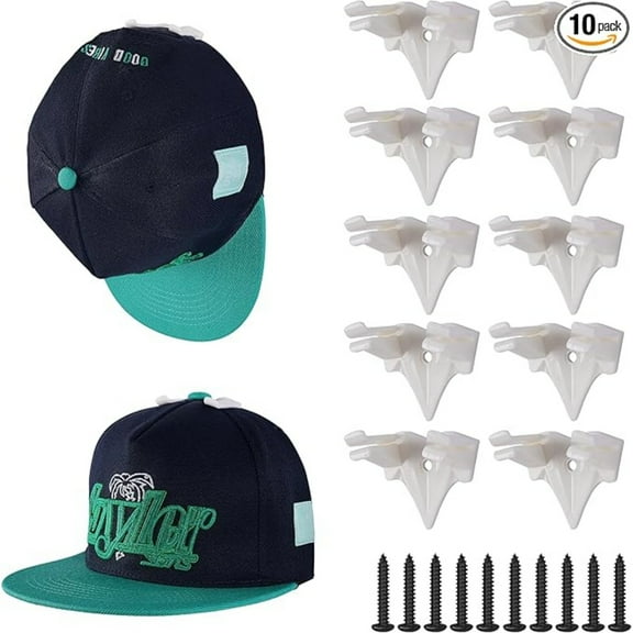10 Pack Adhesive Hat Hooks for Wall, Perfect Hat Rack for Baseball Caps, Hat Organizer Display for Home D r, Hat Hangers Holder for Wall, Door, Closet, No Drilling - Patent Pending (White)