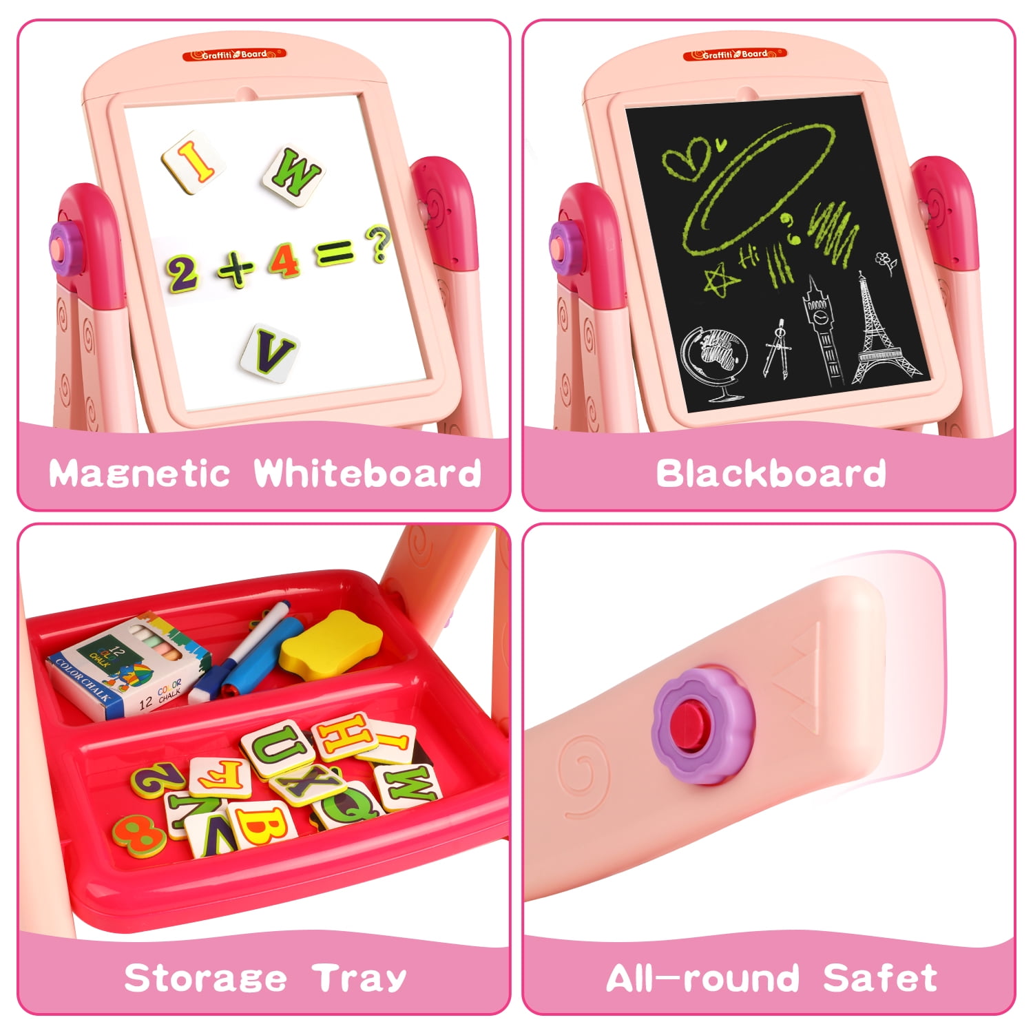 Huge Wave Toddlers Double Sided Magnetic Chalkboard and Whiteboard Art Easel, Pink