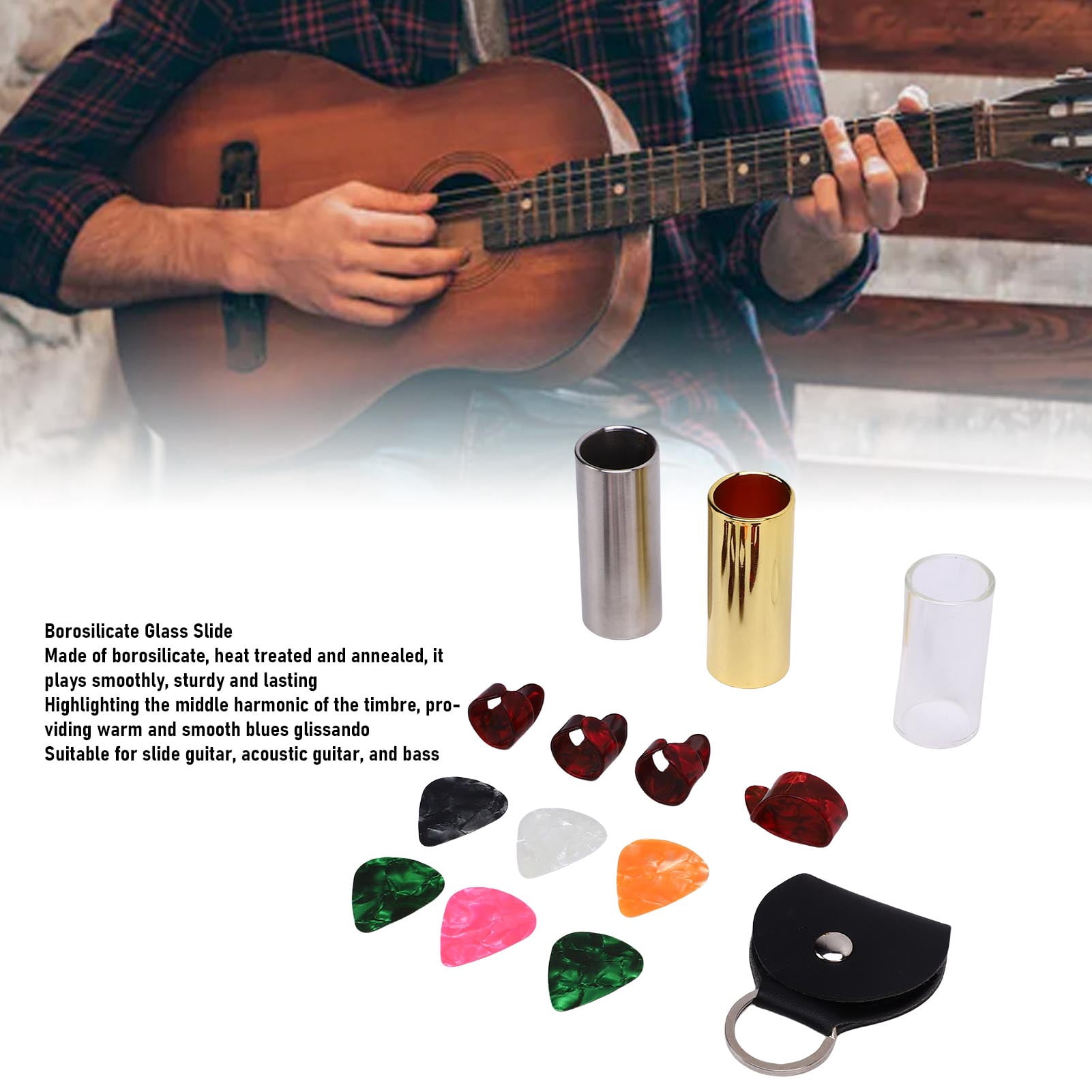 YAHHU 15-Piece Guitar Slide Pick Set 60mm / 2.36 inches Glass Brass Stainless Steel Slides with Finger Picks Holder Storage Bag for Acoustic Electric Bass