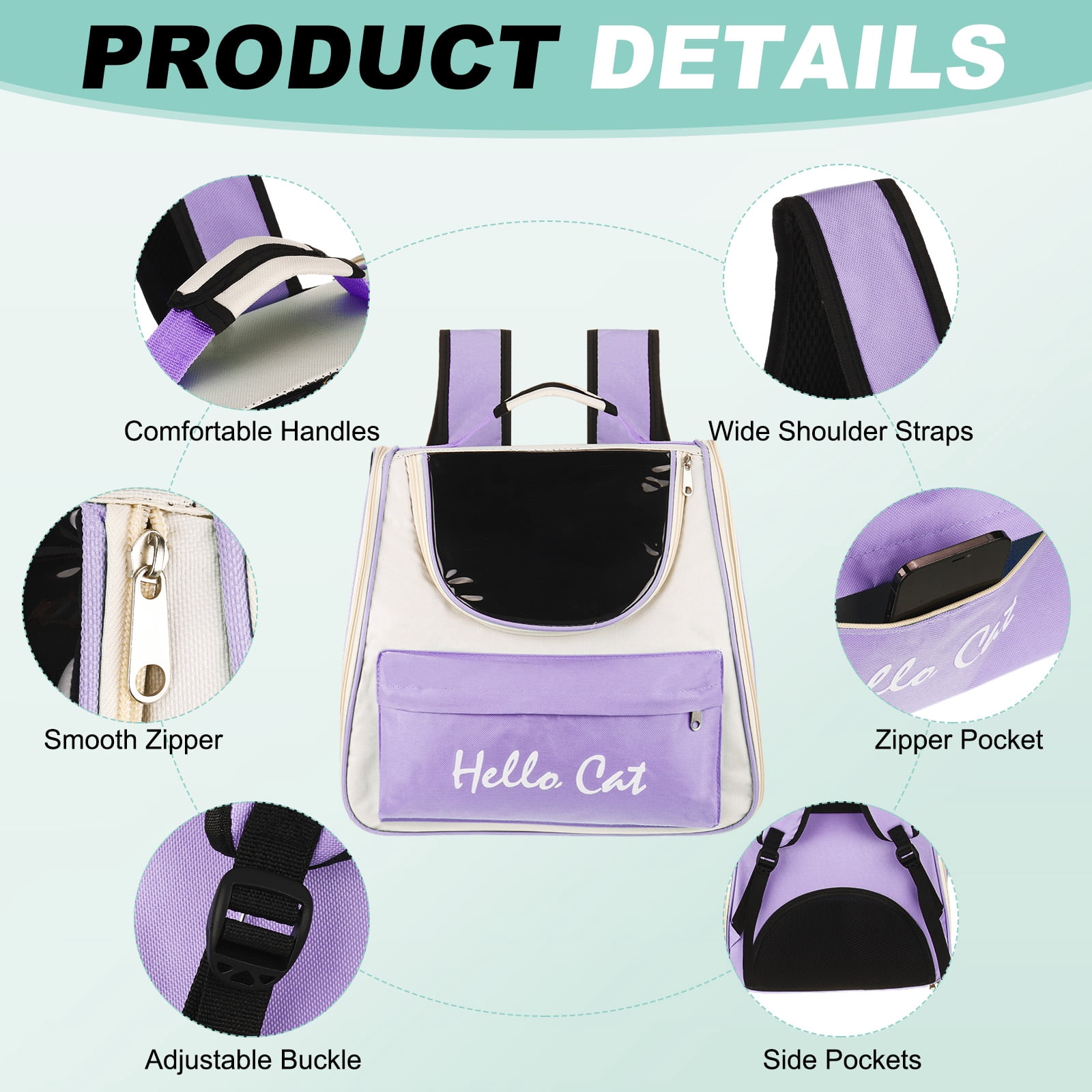Uxcell Cat Backpack Carrier, Large Space Ventilated Mesh Design for Cats or Small Dogs (Purple, 14.6"x9.8"x13.4")