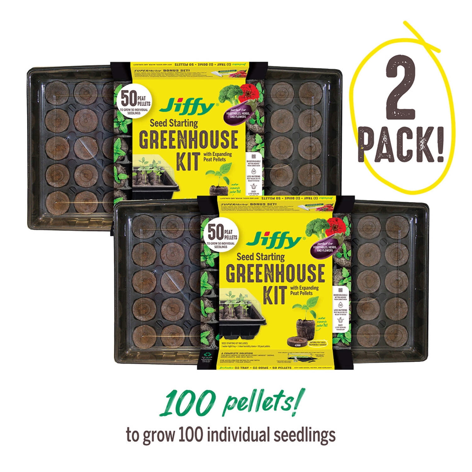 Ferry Morse Jiffy Seed Starter Tray Kit, 50 Cell 42mm Peat Pellets with Bonus SUPERthrive and Plant Labels - 2 Pack, 100 Pellets Total