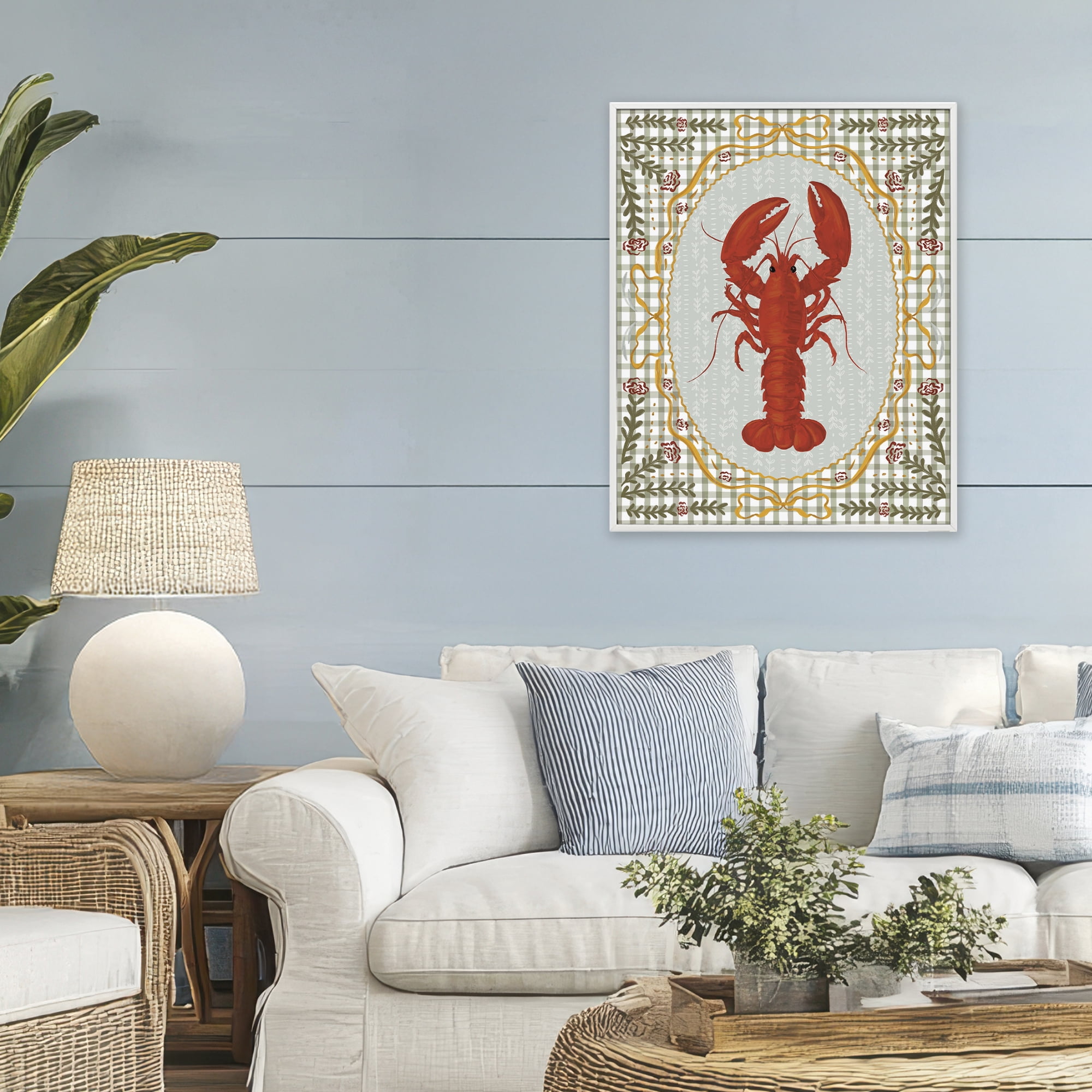 Stupell Industries Lobster with Gingham Kitchen Charm White Framed Giclee Art, design by Vero Illustrates