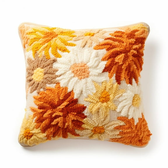 Latch Hook kits Pillow Orange White Daisy Cover Printed Canvas DIY Cushion Crochet Yarn Needlework Hook Latch Kit Embroidery Pillowcase Rug Home Sofa Christmas Decoration 43x43cm