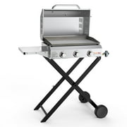 Only Fire 3-Burner Silver Griddle Portable Gas Grill & Griddle Cart, Folding Shelf/ Side Table (Stainless)