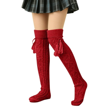 

Women Autumn And Winter Solid Color Breathable Knitted Fringe Over The Knee Stockings plus Size Pantyhose Solar Stock