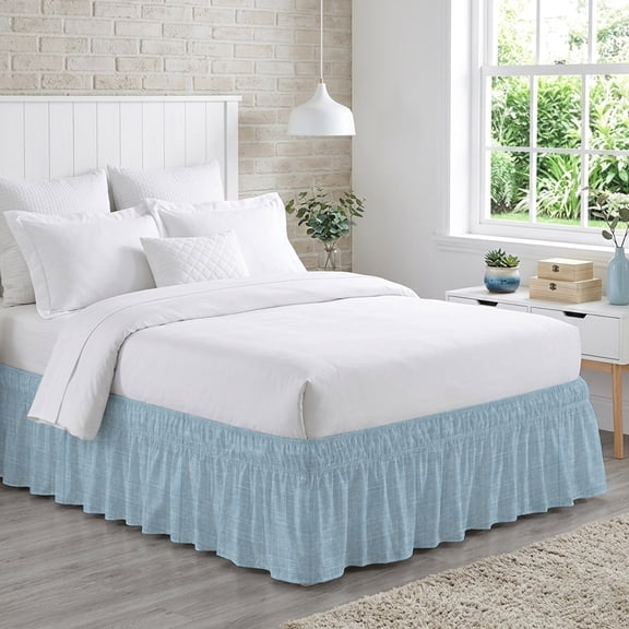Light Blue Bed Skirt Queen Size 16 Inch Drop, Abstract Modern Farmhouse Solid Color Adjustable Elastic Dust Ruffles Bedskirt for Queen Bed Wrap Around Pleated Mattress Frame Cover
