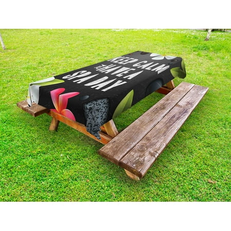 

Zen Outdoor Tablecloth Keep Calm Have a Spa Day Quote Healthcare and Beauty Treatment Graphic Stones Flowers Decorative Washable Fabric Picnic Table Cloth 58 X 84 Inches Multicolor by Ambesonne