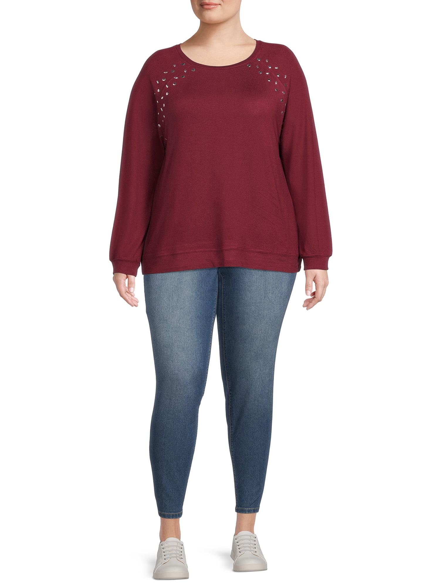 Como Blu Women's Plus Size Rhinestone Trim Sweatshirt with Raglan Sleeves