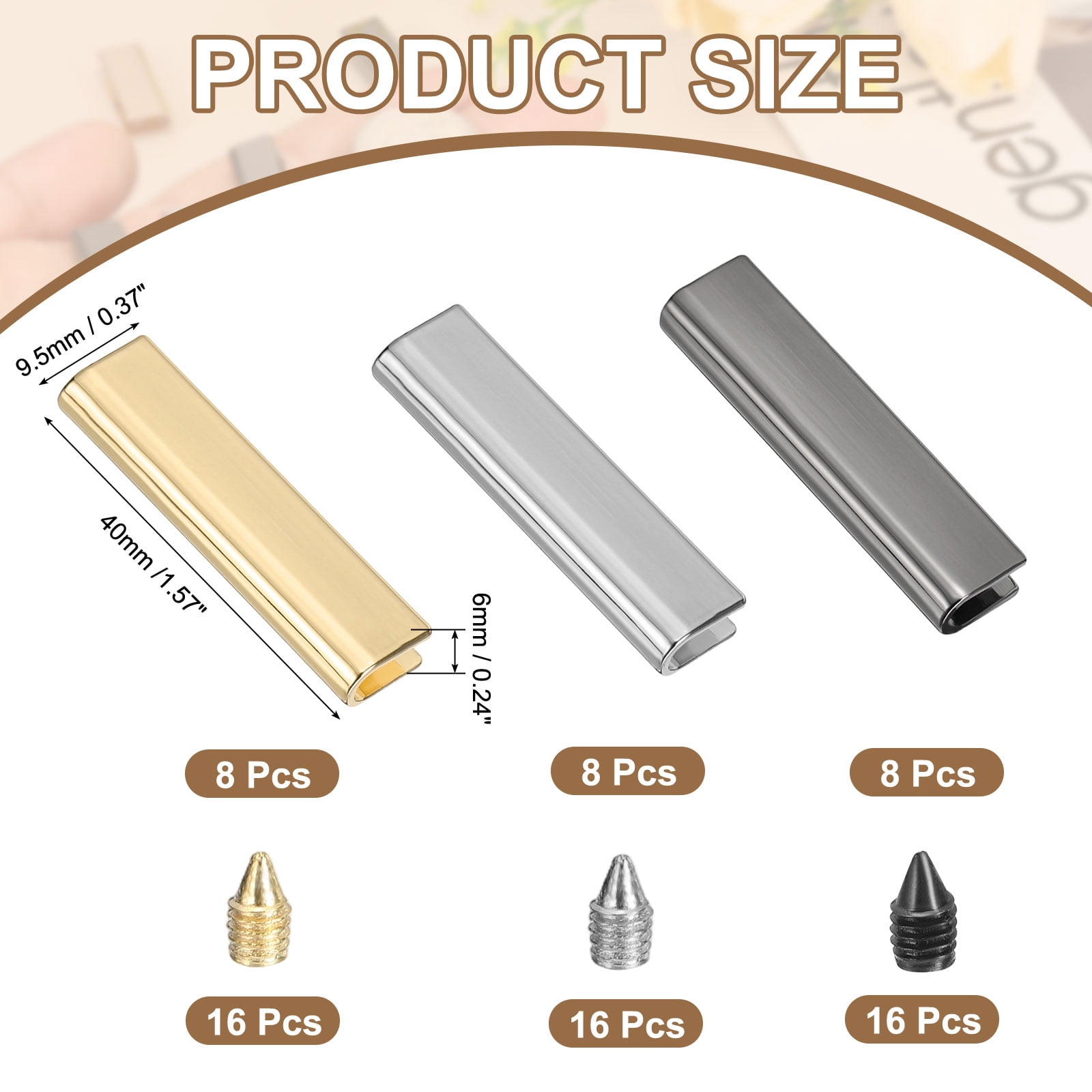 24Pcs Metal Belt Buckle End Tips with Screws, Light Gold,Chrome,Black Zinc Alloy Purse Hardware Belt Tip 0.24 Inch Wide Rectangle Zipper End Cap for DIY Bag Making Belt Clip Clasps