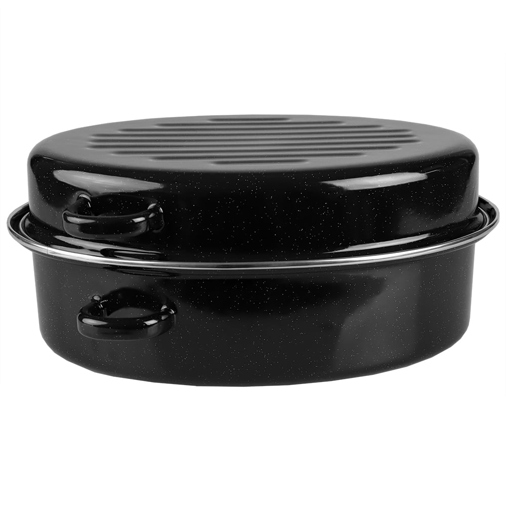 Home Basics Deep Oval Natural Non-Stick 14' Enameled Carbon Steel Roaster Pan with Lid, Black