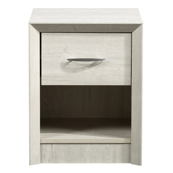 CorLiving Newport Mid-Century Modern White-Washed Engineered Wood Nightstand with Drawer and Open Cubby - Perfect Bedside Tables, Bedroom Nightstands, Stylish Small Nightstand with Drawer