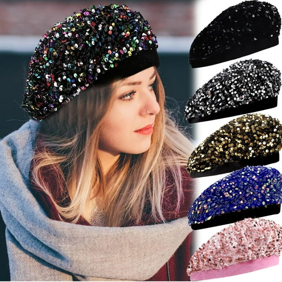 Women Girls Sparkly Sequin Beret Hat Fashion Fun Stretch Beanie Cap Headwear for Festival Party Club