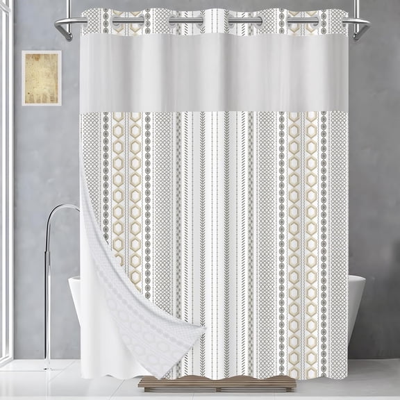 No Hook Shower Curtain with Snap in Liner and Sheer Window, Modern Hotel Style Shower Curtain Set for Bathroom Decor, Washable and Quick Install, Beige and White, 71 X 74 Inches