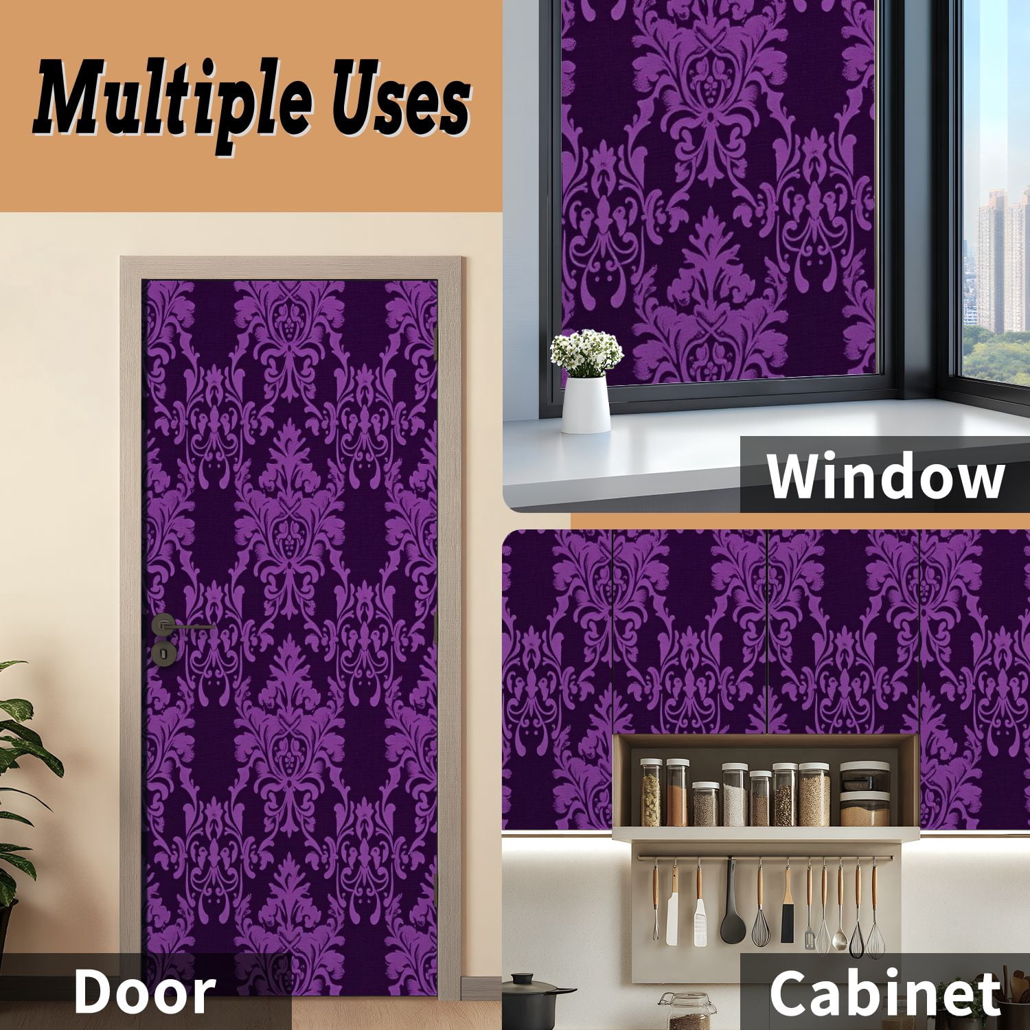 Self Adhesive Vinyl Refrigerator Wrap Set Purple Retro Door Mural Removable Fridge Sticker Peel and Stick&nbsp;Full Door Cover Decal Kitchen Bar Decor
