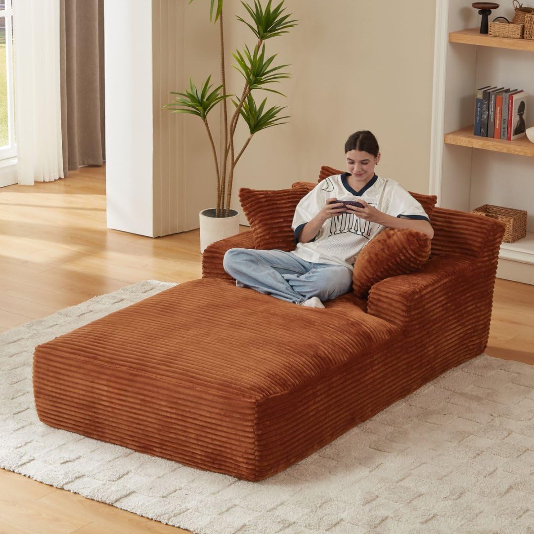 AENKYO 80" Oversized Corduroy Chaise Lounge, Fully Assembled, No Assembly Required, Orange