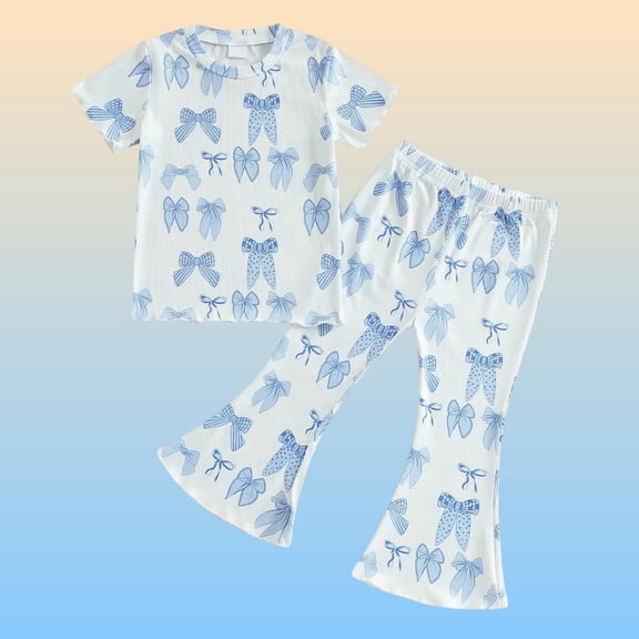 BRGZLK Kids Toddler Girls Clothes Outfits Summer Fashion Casual Cute Baby Girl Trendy Bow Print Short Sleeve Butterfly Top Flared Leg Pants Two-Piece Set Blue 2-3 Years