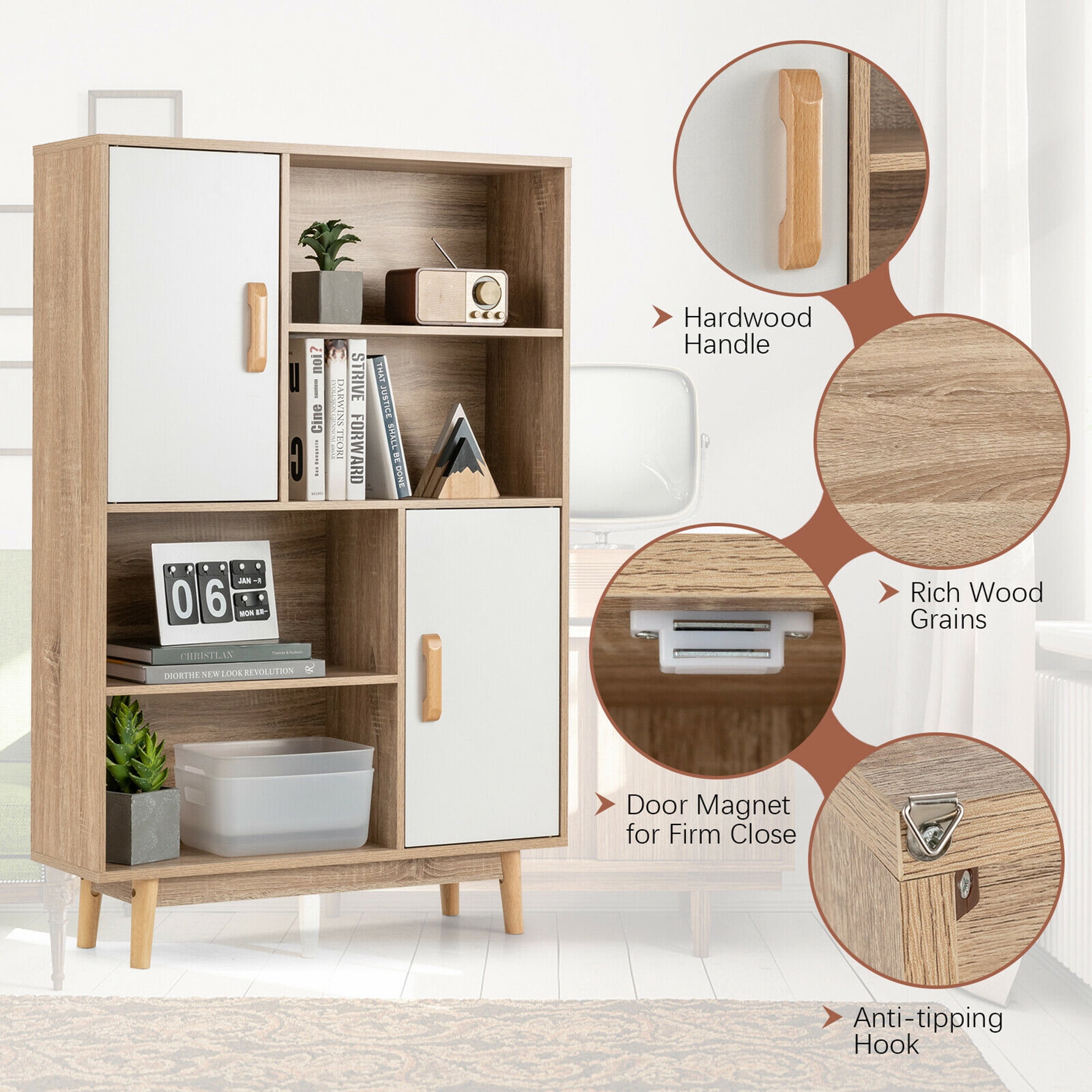 Gymax Storage Cabinet with 2 Doors, White/Natural
