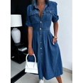 thumbnail image 4 of Women's Denim Shirt Dress V-Neck Short Sleeved Waist A-Line Jeans With Pockets Button Dress Fashion, 4 of 5