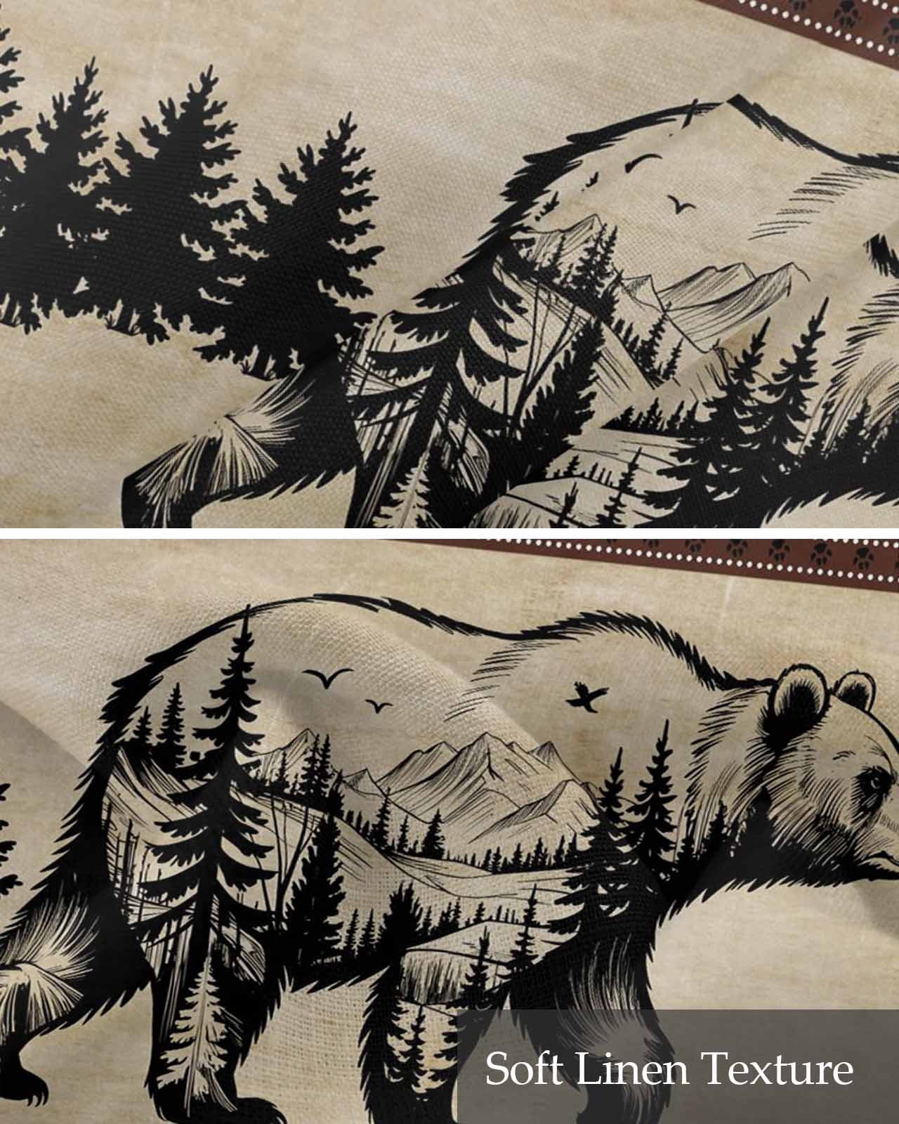 Brown Black Bear Kitchen Valances for Windows Farmhouse Linen Window Valance Curtain for Living Room Window Treatment Farmhouse Cabin Forest Vintage Valance Rod Pocket Topper Drape, 54 x 18 Inch