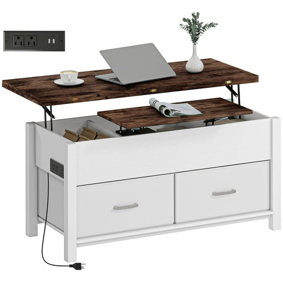 CoSoTower Lift Top Coffee Table, Center Table with 3 Hidden Compartments, 2 Fabric Drawers, Expandable Top and Charging Station