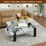 SEGMART Glass Coffee Table, Rectangle Coffee Table, Tea Table, Modern Side Coffee Table with Iron Leg, Glass Tabletop with Lower Shelf, Modern Dining Center Table for Home Living Room Office