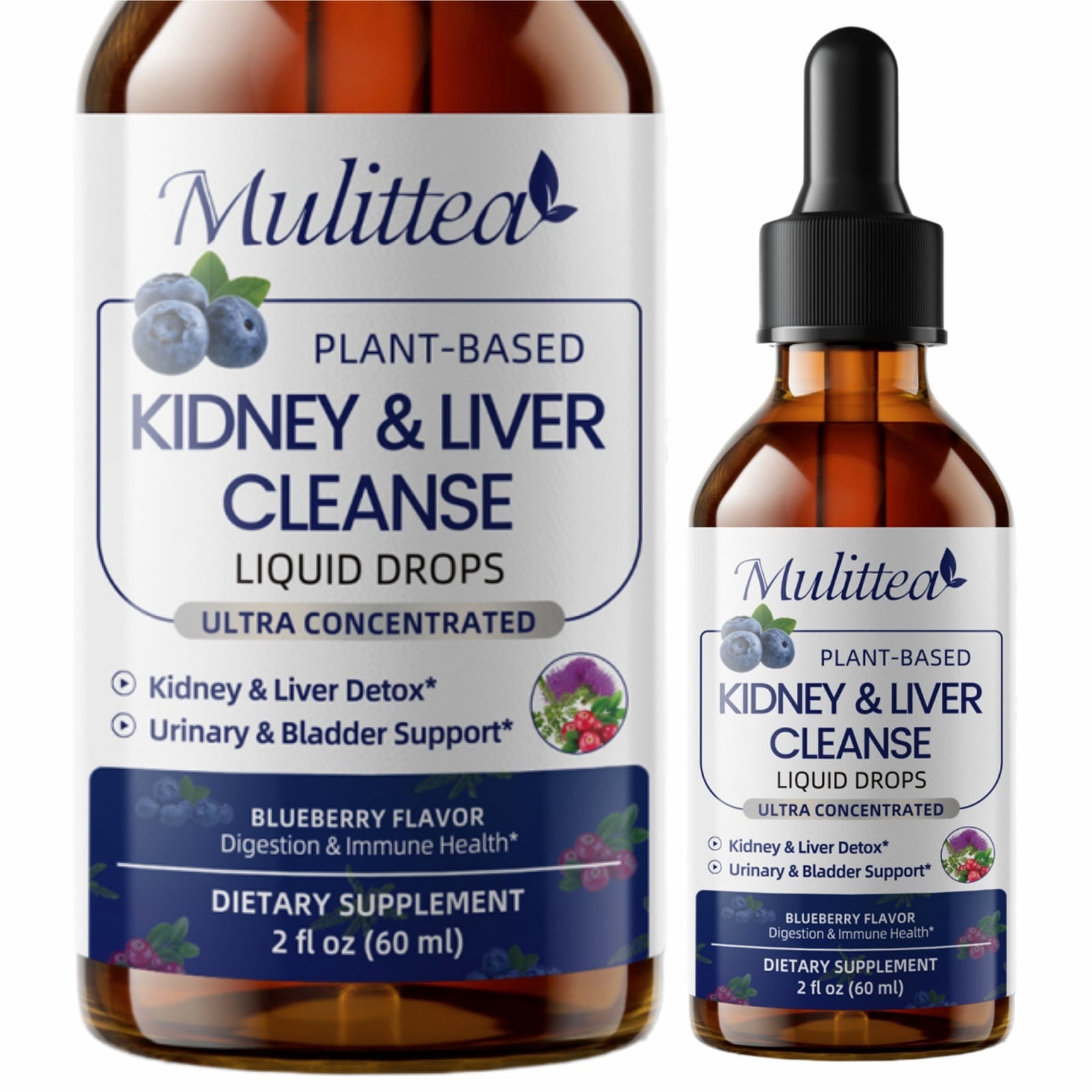 Kidney & Liver Support Drops - Mulittea Cranberry Liquid Drops with Milk Thistle, Chanca Piedra, Elderberry- Supports Urinary Tract Health & Natural Flushing - Vegan, Alcohol-Free, 2 fl oz