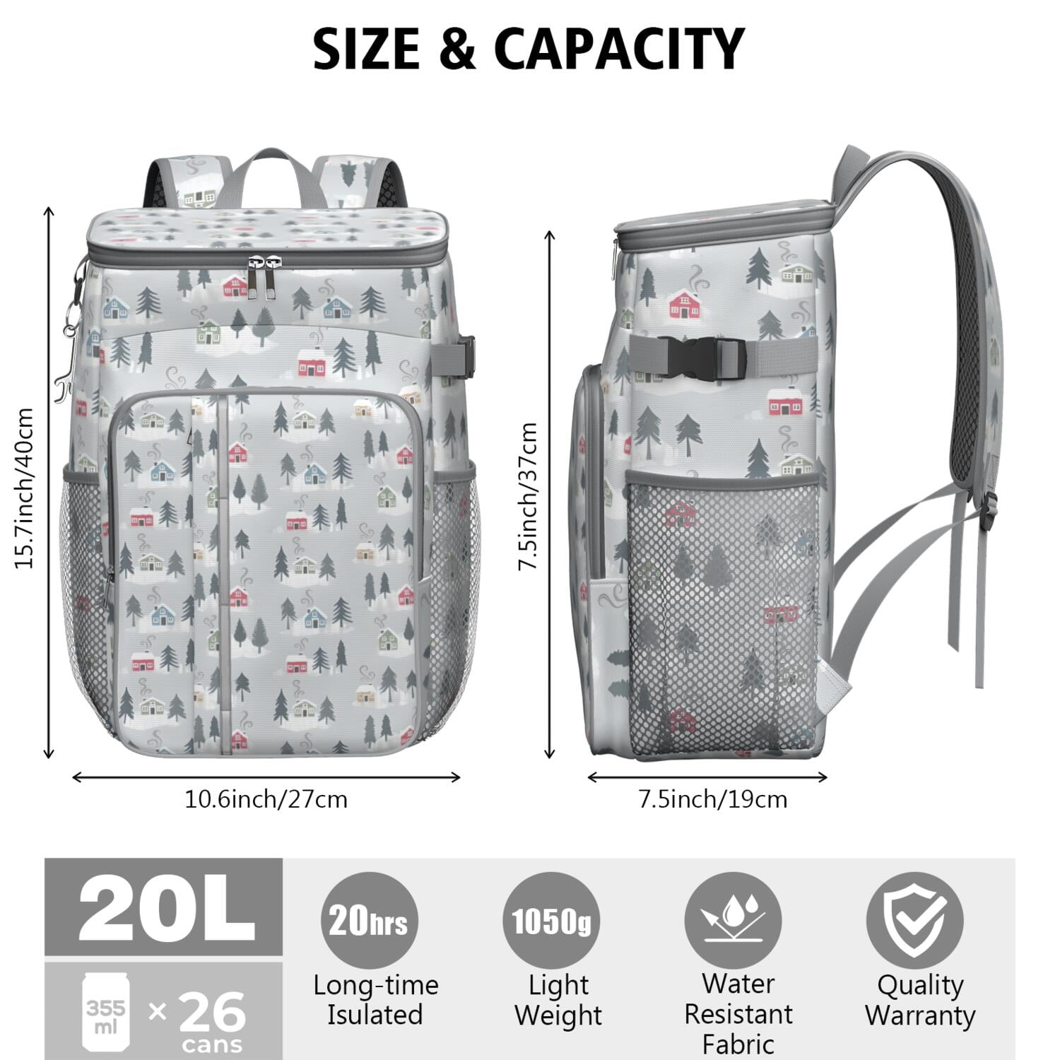 Travel Cooler Bag - Gray Christmas House and Tree Pattern Camping Beer Cooler Backpack with Bottle Opener- Waterproof Insulated Picnic Backpacks - Cooler Bag for Beach