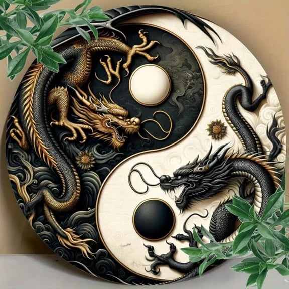 HELLOYOUNG Yin Yang Chinese Dragon Metal Sign Black White Oriental Wall Art Decor for Home Office