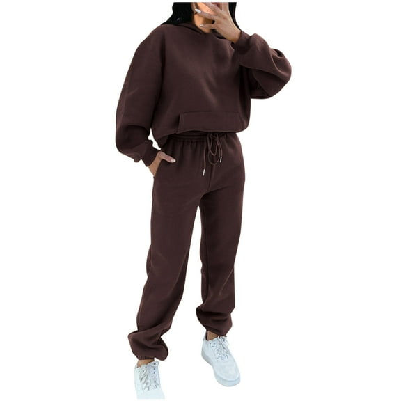Pejock Women's Two Piece Outfits Matching Sets Long Sleeve Pullover Tops and Wide Leg Pants Tracksuit Soild Color Lounge Sets Women 2 Piece Pajama Sets Winter Warm Hoodie Sweatshirt & Sweatpants Sets
