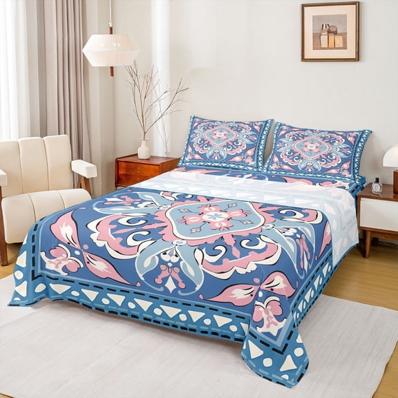 jejeloiu Boho Mandala Queen Sheets For Men Women,Geometric Pattern Queen Sheet Sets,Blue Pink White,4-Piece,1 Flat Sheet, 1 Fitted Sheet and 2 Pillowcases