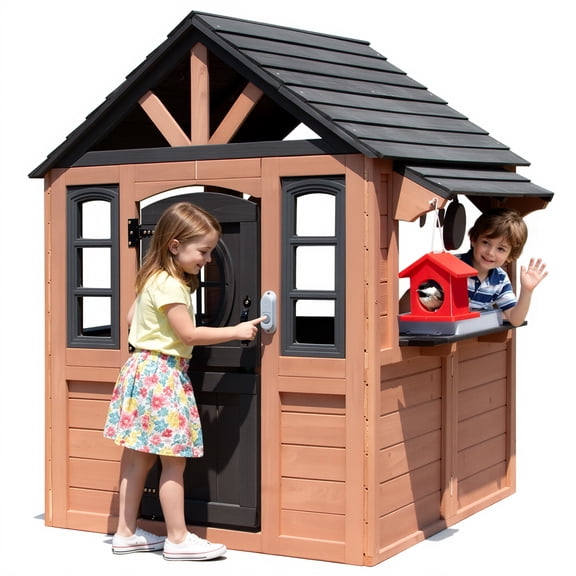 Conchico Outdoor Playhouse for Kids 3-5 Years, Kids Playhouse with Play Kitchen, Working Doorbell, Bird Cage, Pet Door, Kids Outdoor Toy Gift, Easy Assembly, Natural