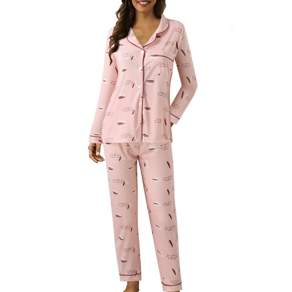 Wangmeiwg Women's Pajama Sets Women's Feather Pattern Strawberry Print Casual Long Sleeve Lapel Button Two Piece Pajama Set for Comfortable Sleep and Wear XL Pink