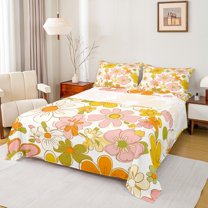 Manfei Retro Rustic Flower Queen Sheet Sets,Cute Daisy Flat Sheet,Beige Orange Pink Queen Fitted Sheet For Girls Kids,Super Cozy Room Decor,4pcs