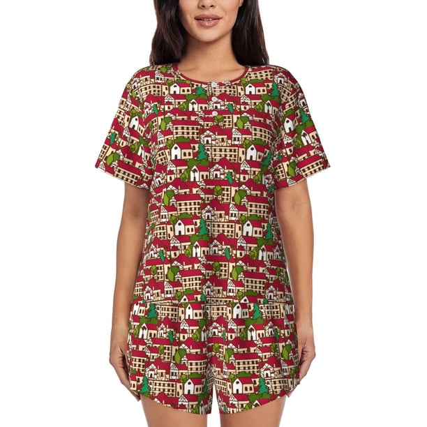 Balery Red Houses Conjunto de Pijama para Mujer con Estampado, Dos Piezas de Manga Corta y Shorts, Ropa de Dormir Suave con Cuello Redondo y Bolsillos-Large