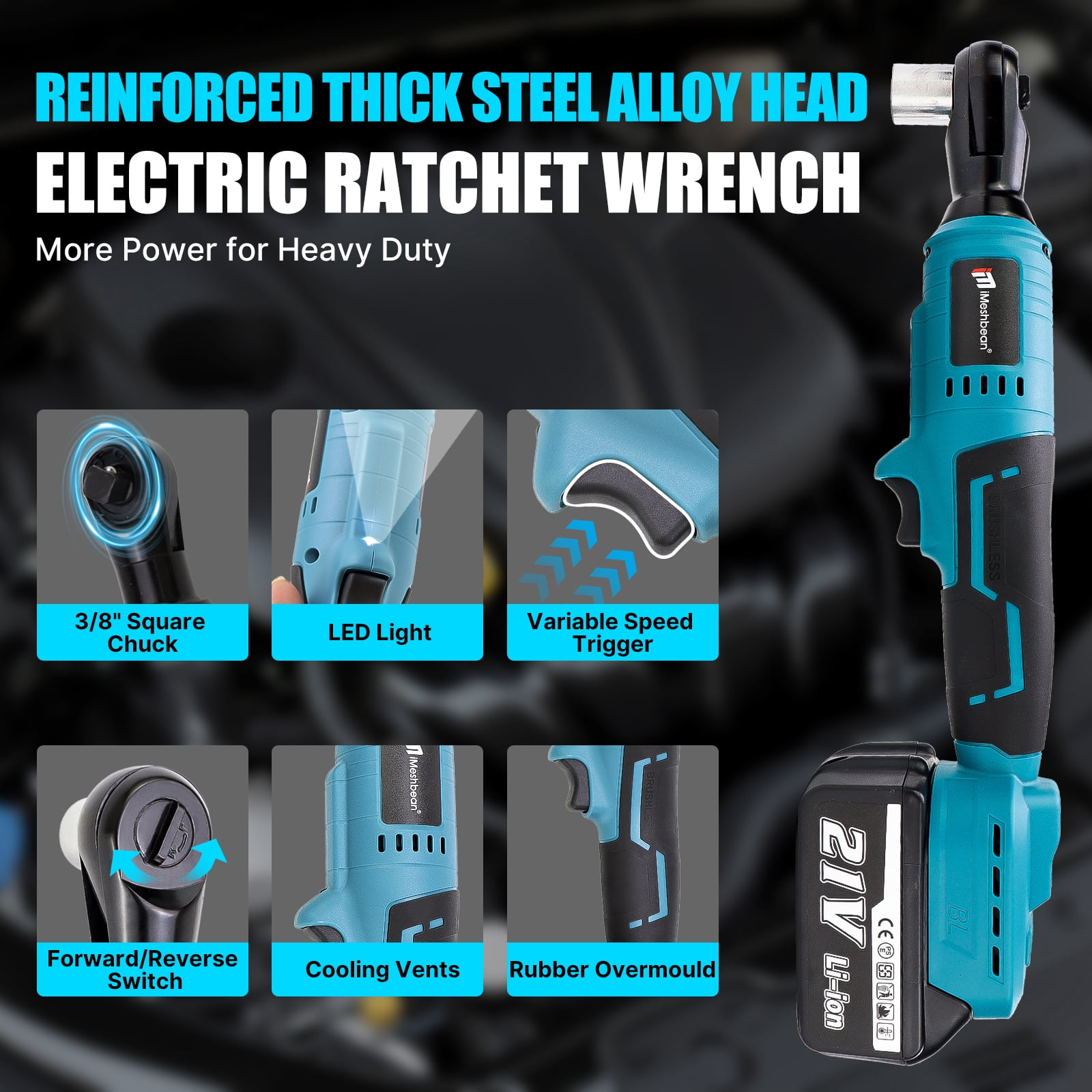 iMeshbean 21V Electric Cordless Ratchet Wrench 3/8" Right Angle Wrench Impact Power Tool 2 Battery